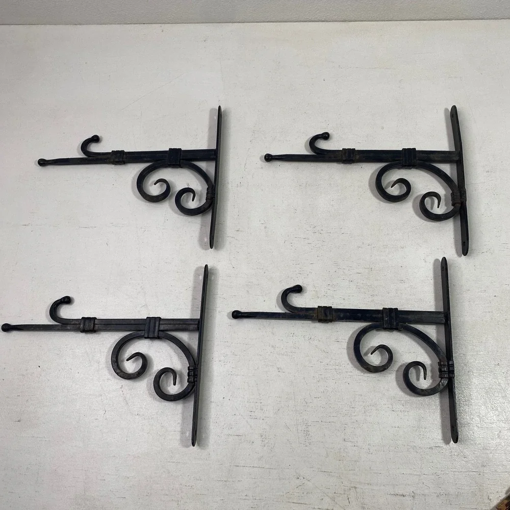 Vintage Wrought Iron Scroll Hanging Plant Brackets Black Set of 4 9 Inch Depth